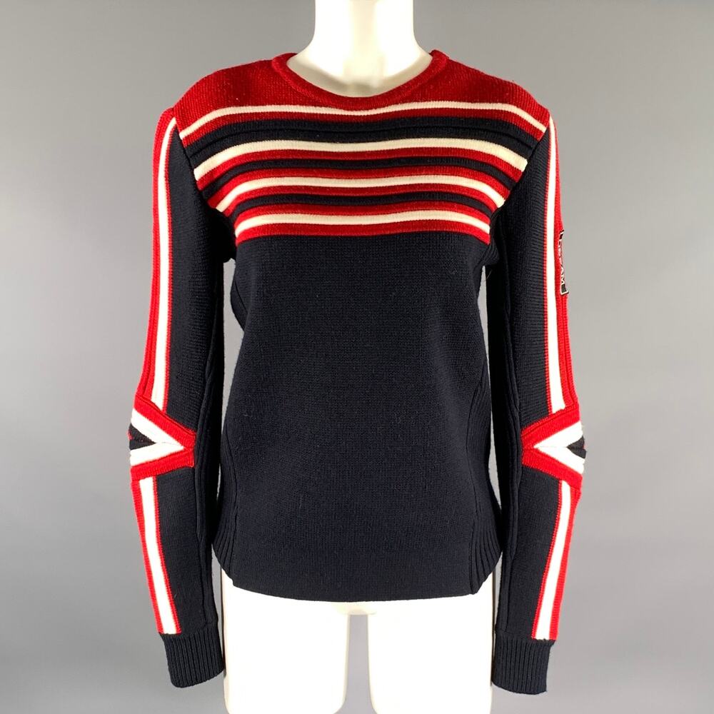 MAJE Size S Navy Red Wool Blend Stripe Crew-Neck Sweater